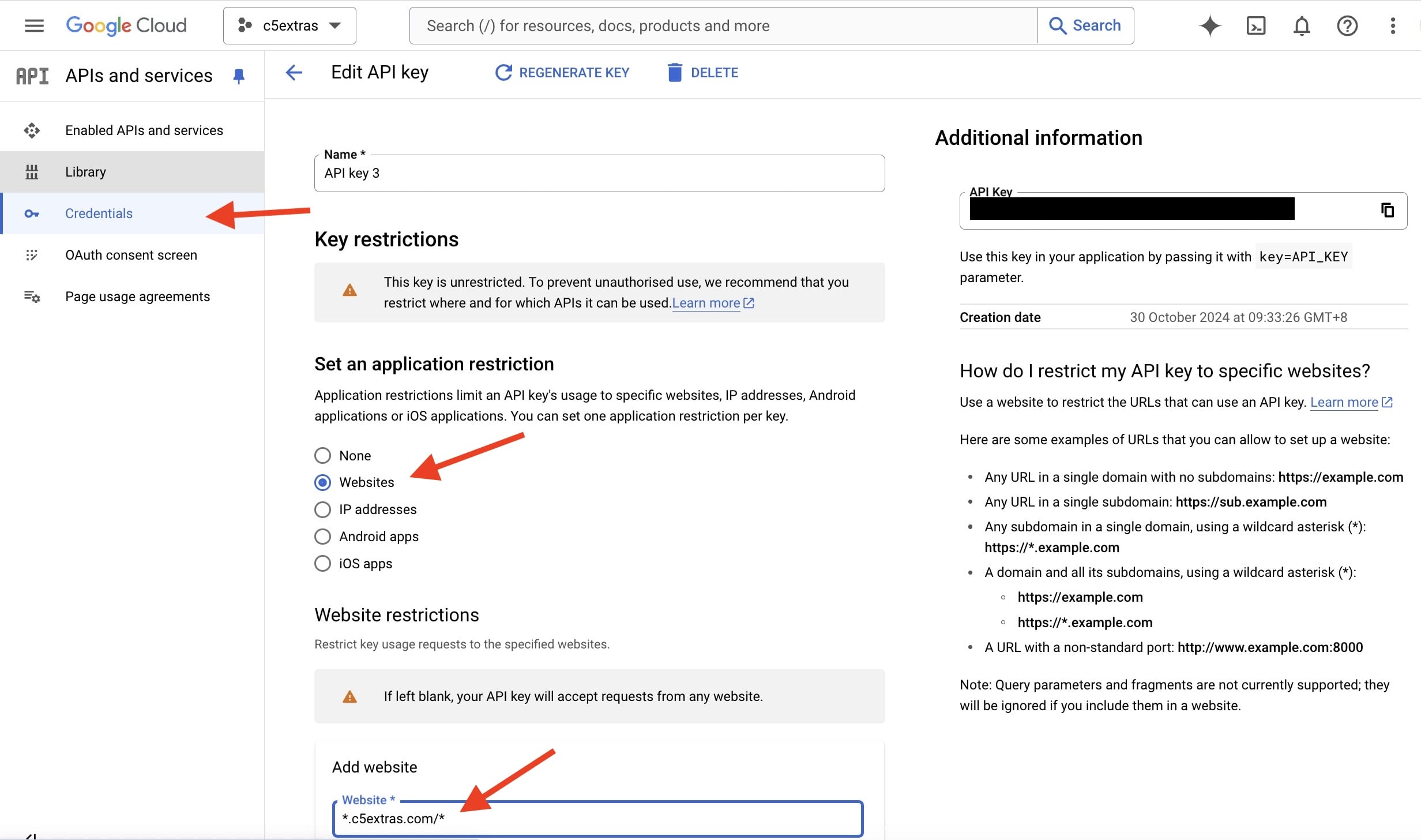 Google Cloud Console - restricting API key (use your own domain instead of c5extras.com)