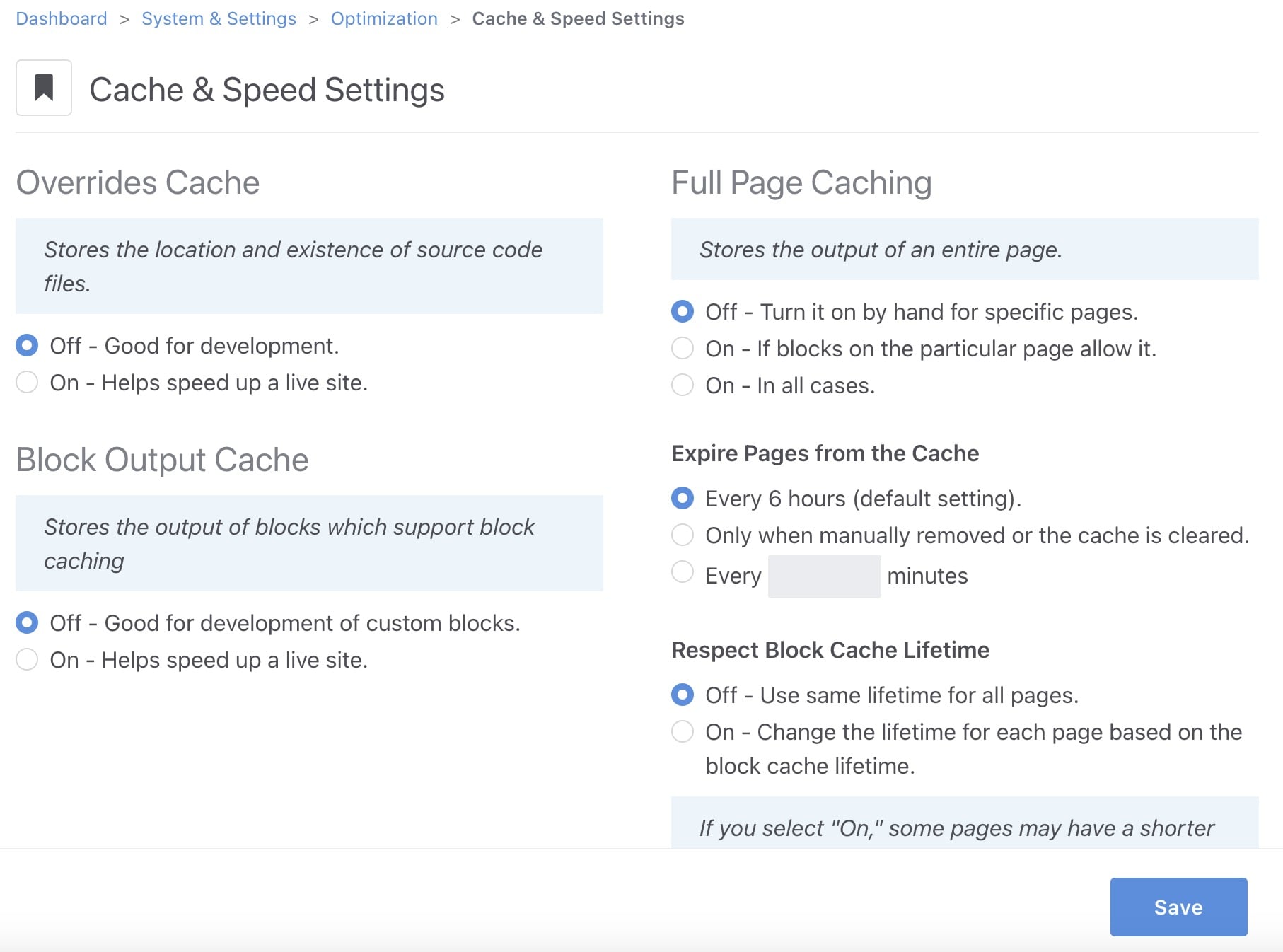 Dashboard cache settings